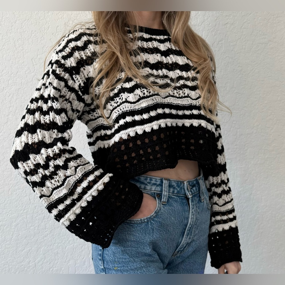 Zara Black White Striped Crochet Crop Sweater - Size S
